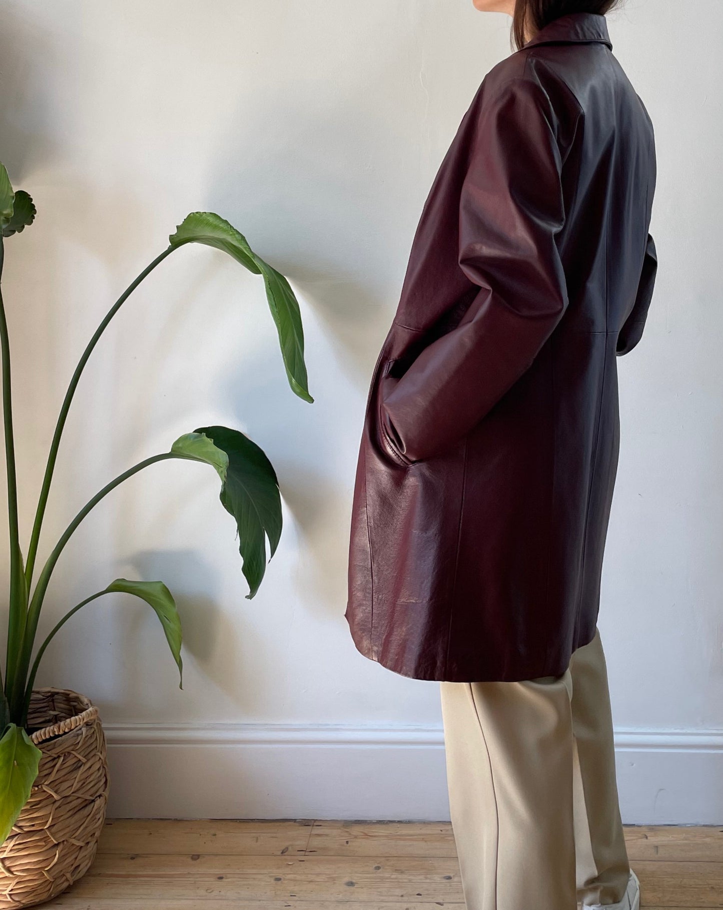 Vintage Burgundy 1990s Leather Trench Coat Size XS-S