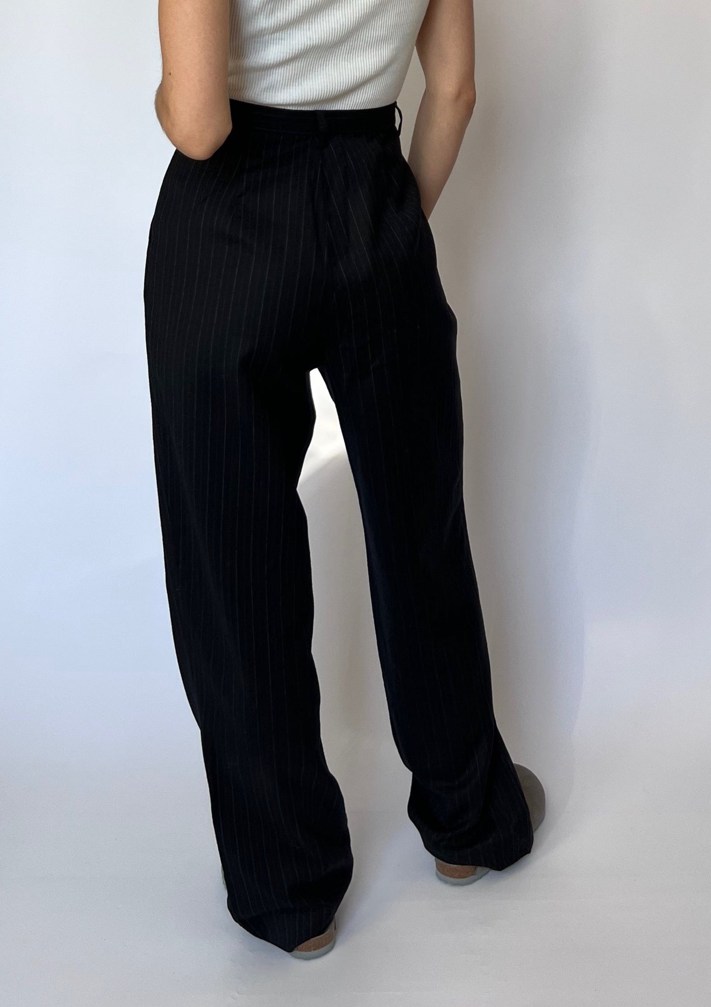 90s Pinstripe Wide Leg Wool Trousers W'29" UK 12