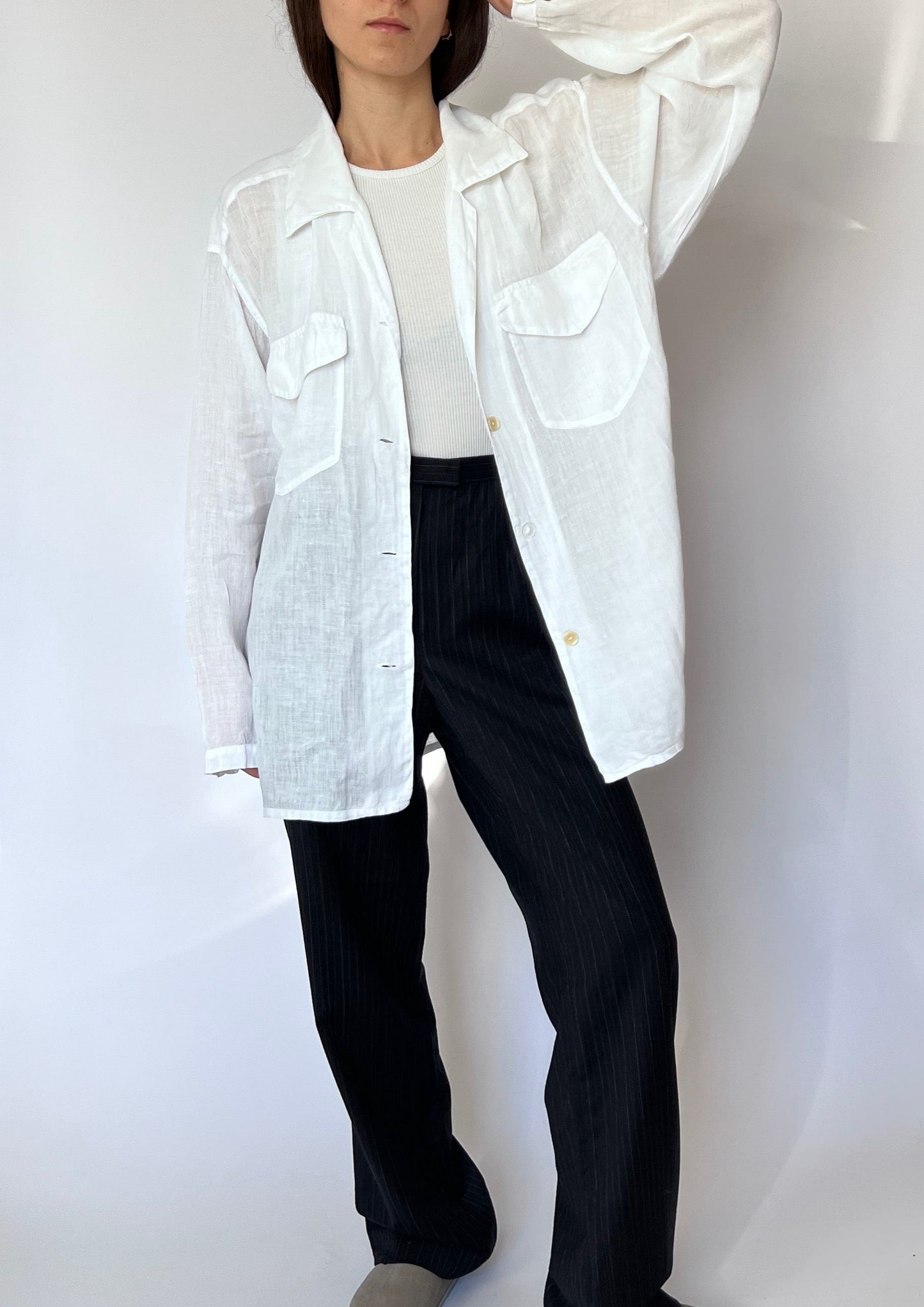 90s Sheer Linen White Shirt S/M