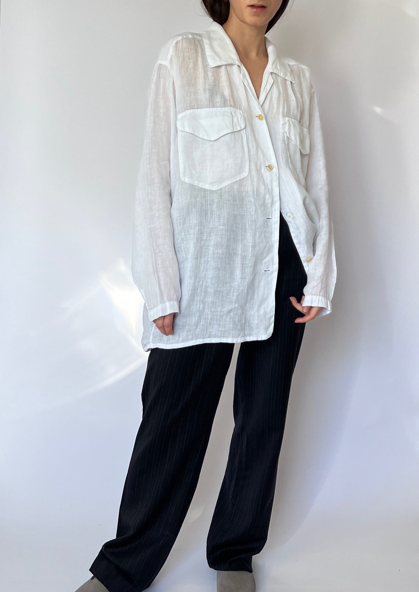 90s Sheer Linen White Shirt S/M