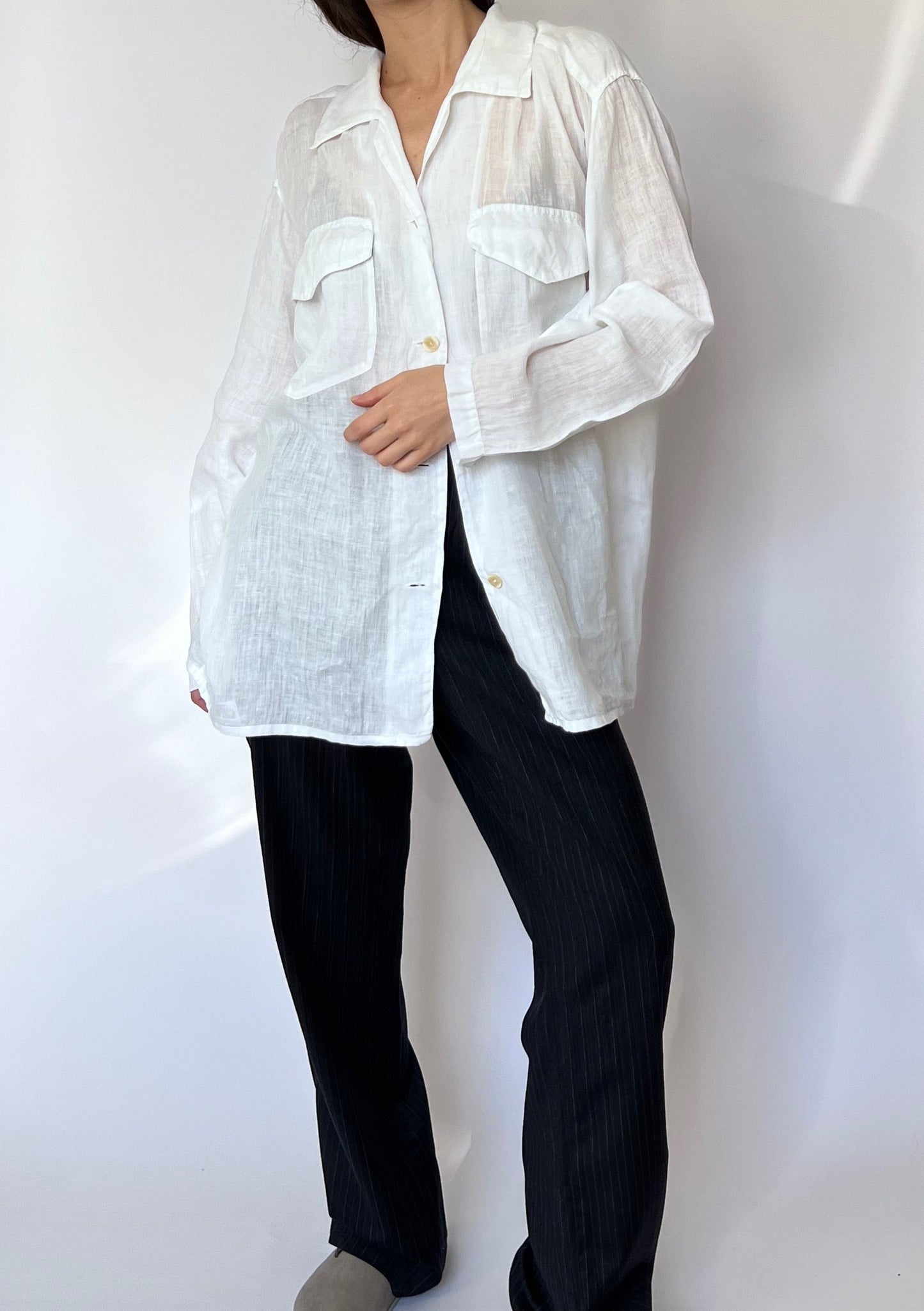 90s Sheer Linen White Shirt S/M