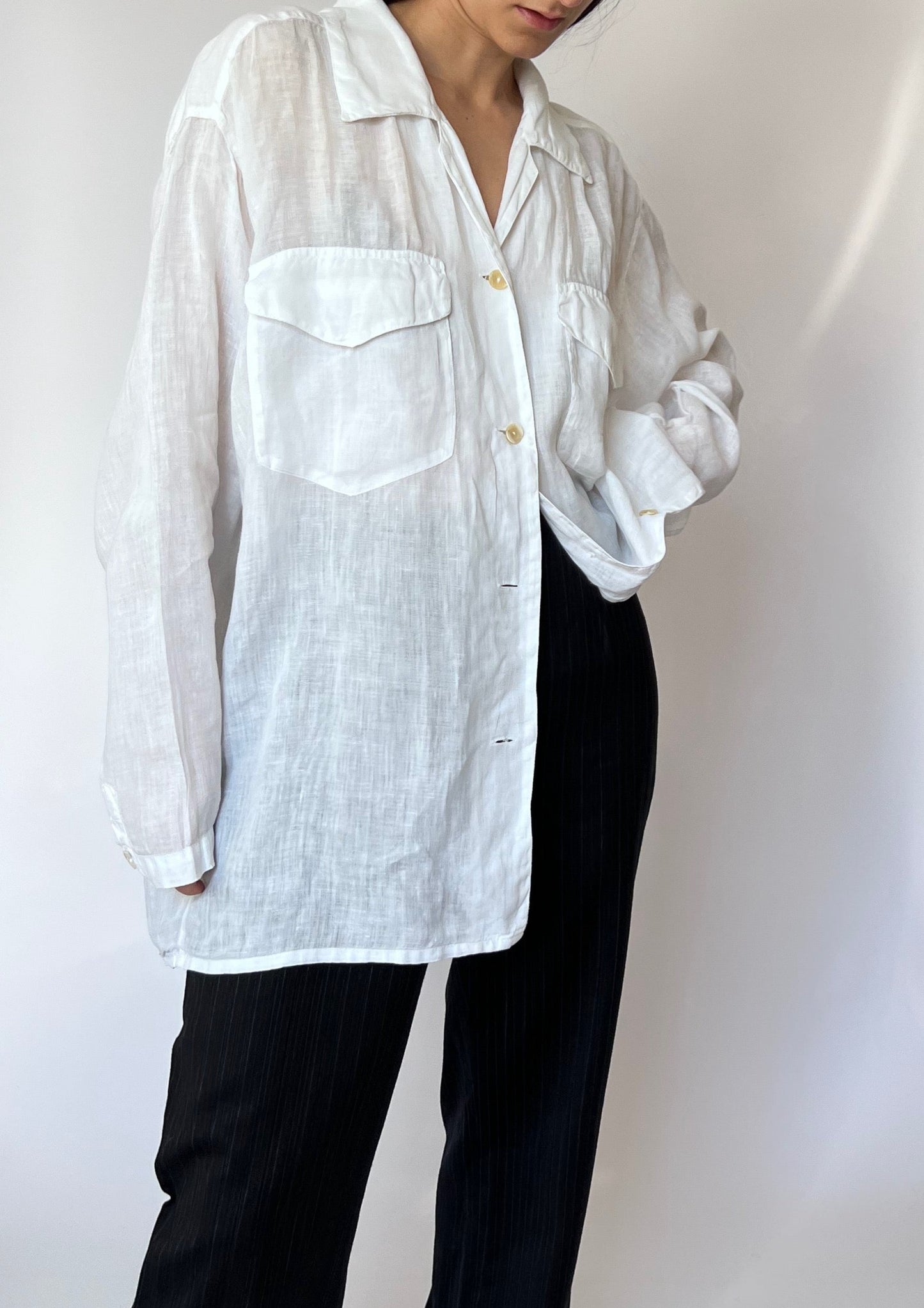 90s Sheer Linen White Shirt S/M