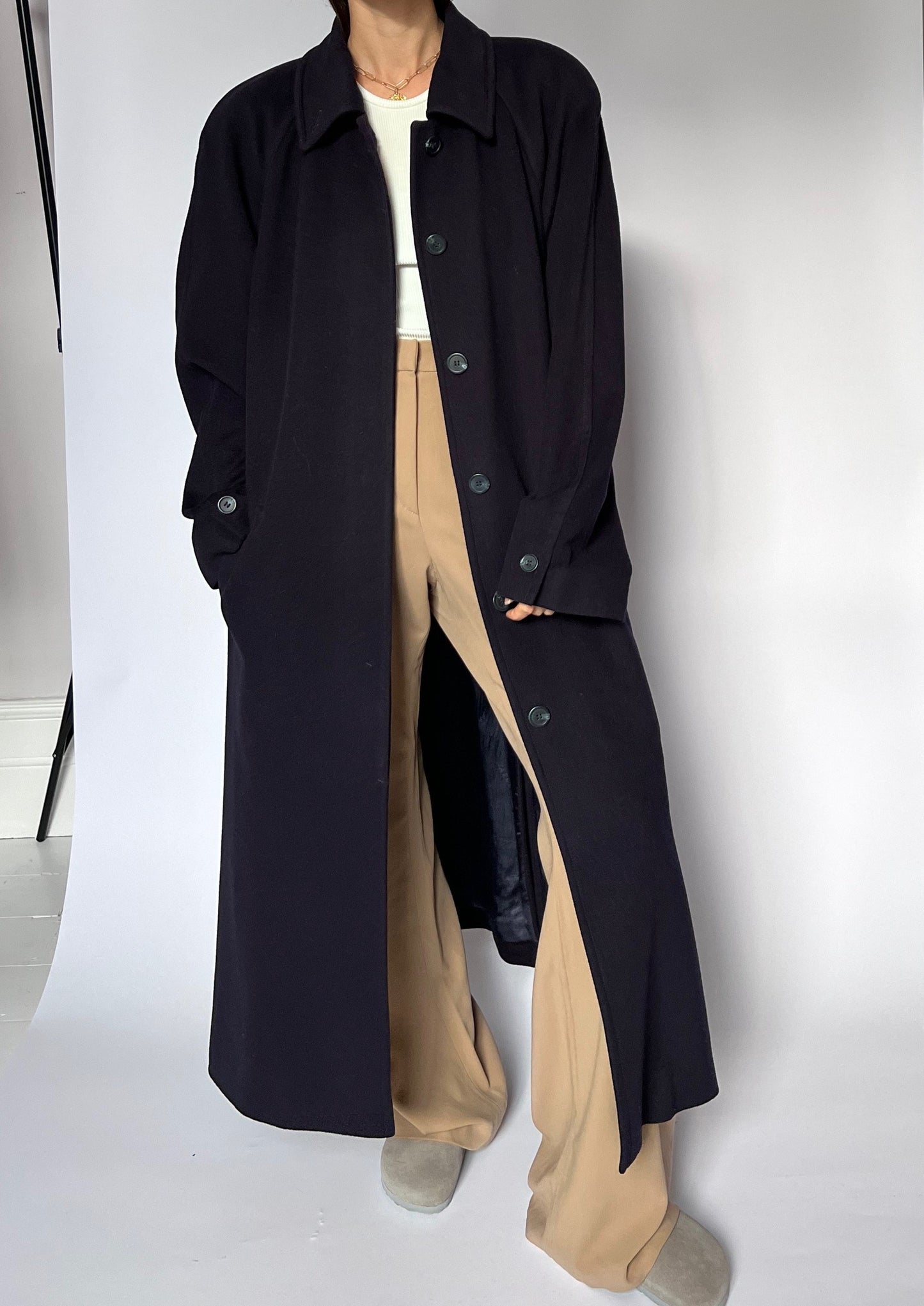 80s Jaeger Navy Wool Maxi Coat S/M