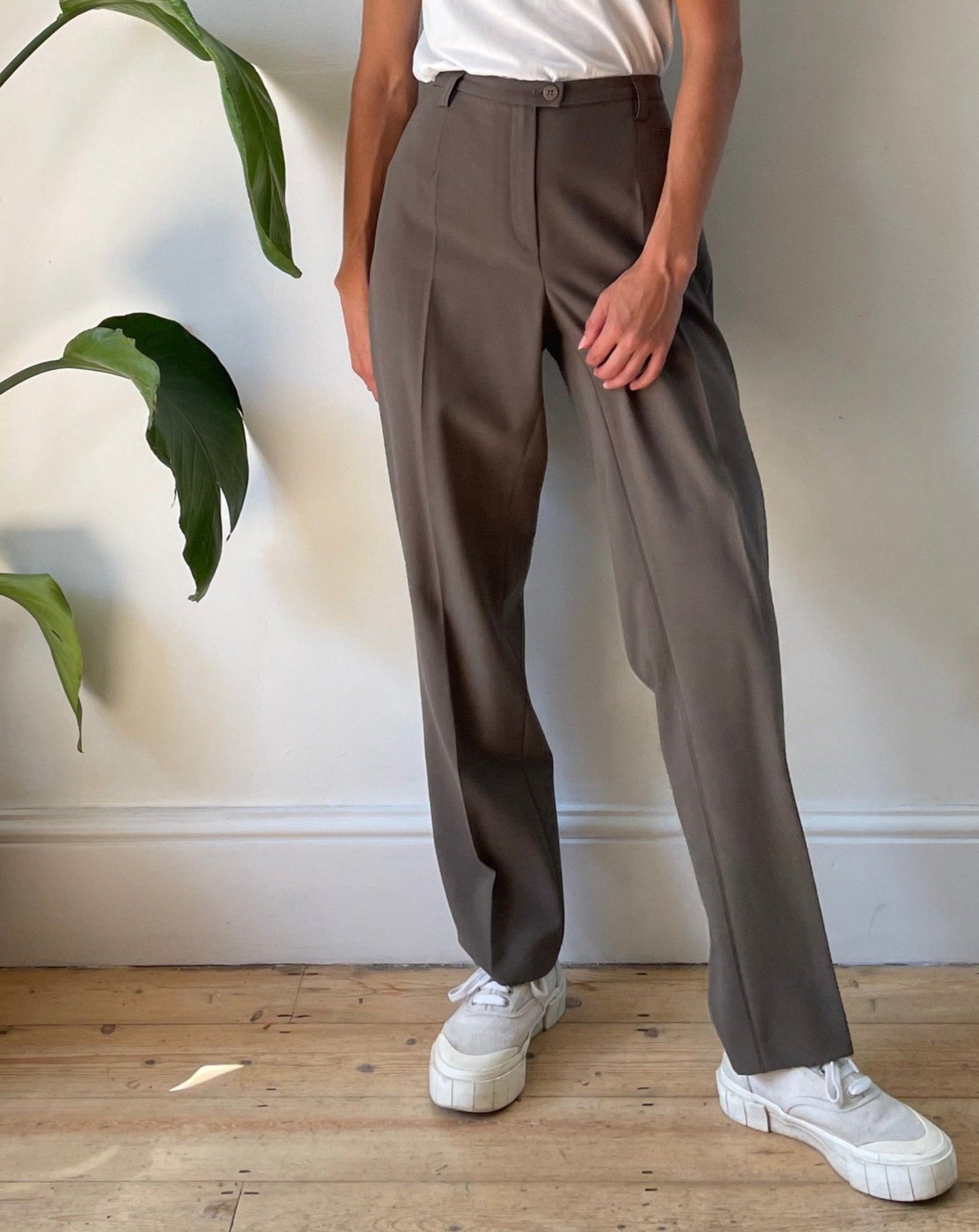 Vintage 1990s Wool Light Khaki Brown Trousers Size S Waist 31"