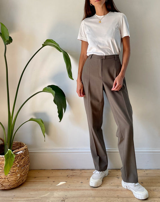 Vintage 1990s Wool Light Khaki Brown Trousers Size S Waist 31"