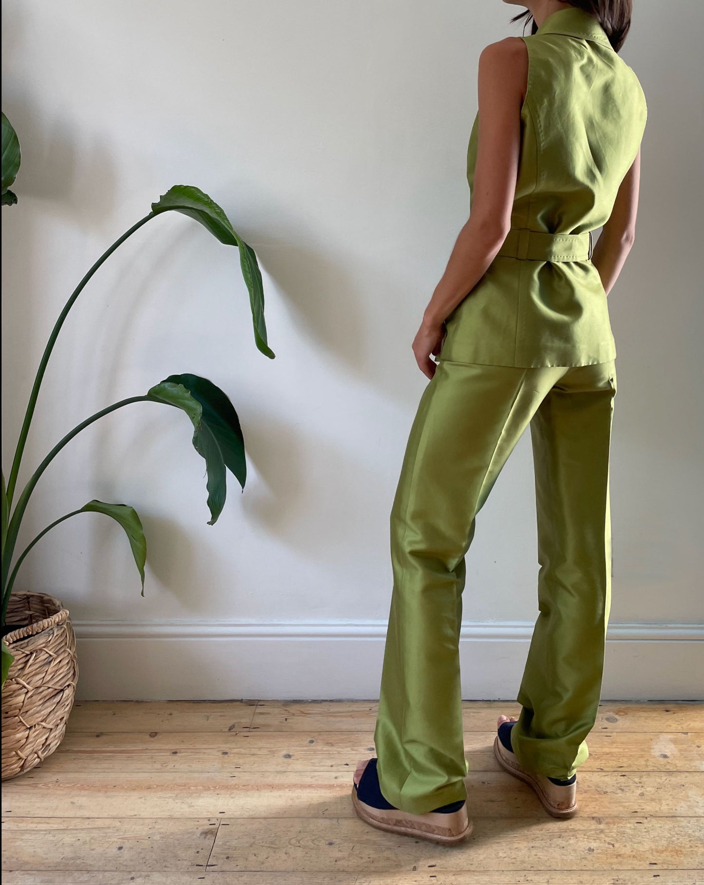 Unique Vintage Lime Green Silk Suit Size S Waist 31"