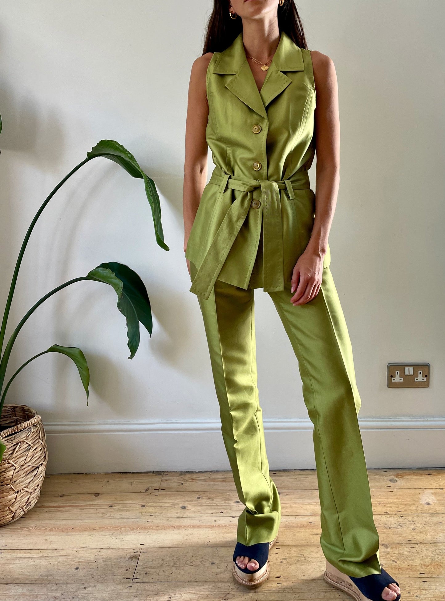 Unique Vintage Lime Green Silk Suit Size S Waist 31"