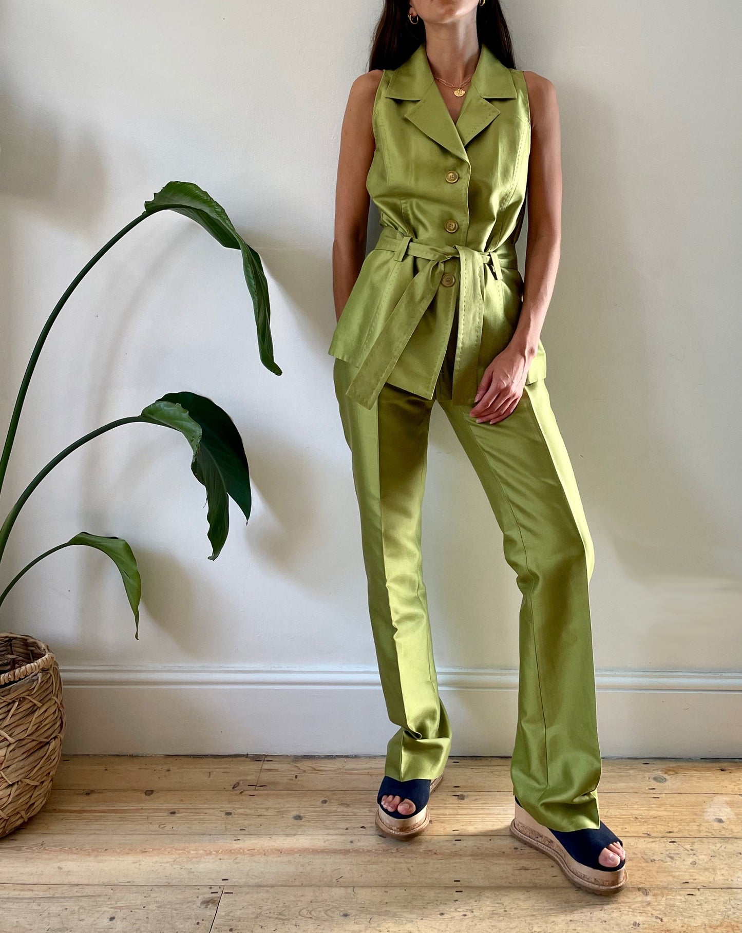 Unique Vintage Lime Green Silk Suit Size S Waist 31"