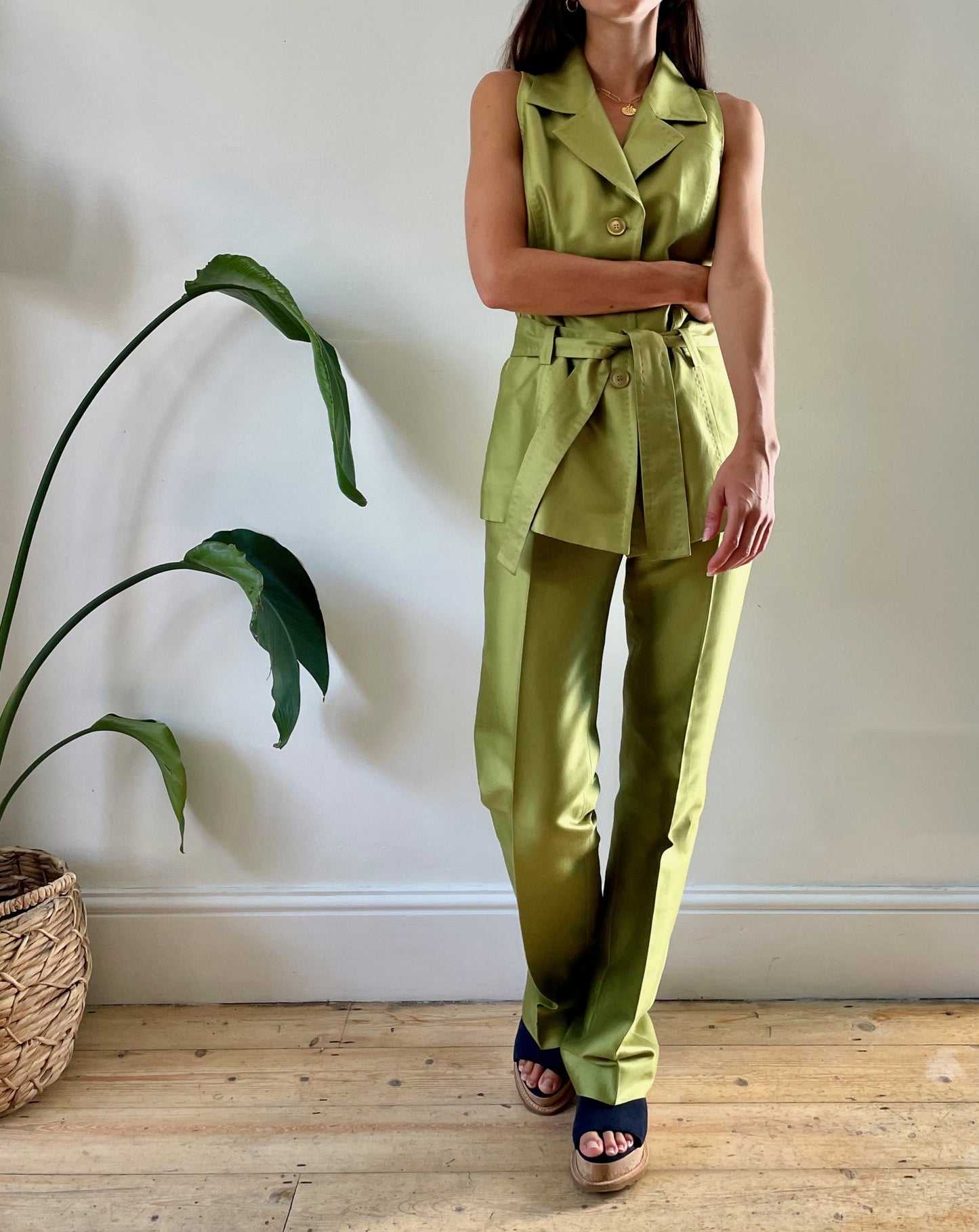 Unique Vintage Lime Green Silk Suit Size S Waist 31"