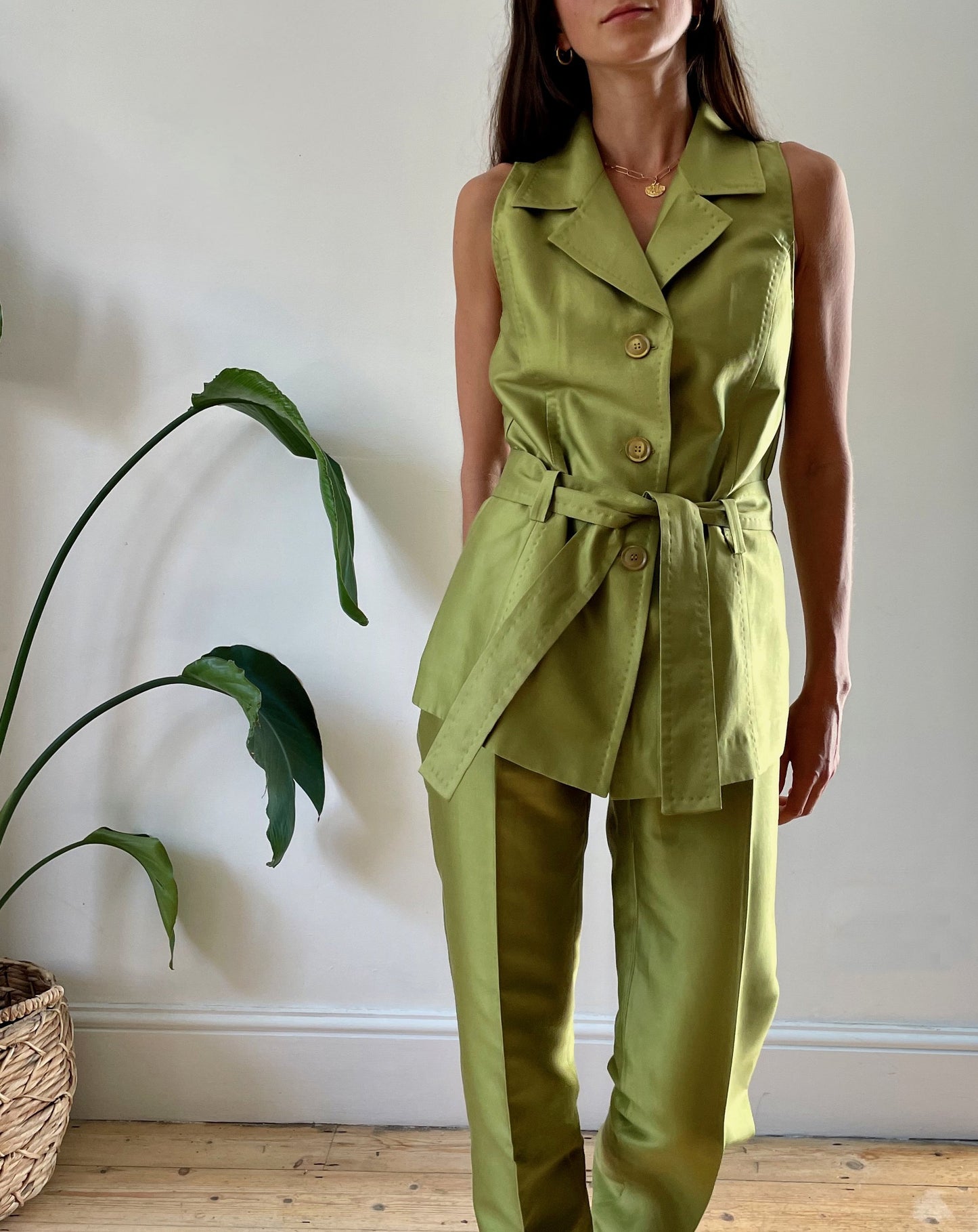 Unique Vintage Lime Green Silk Suit Size S Waist 31"