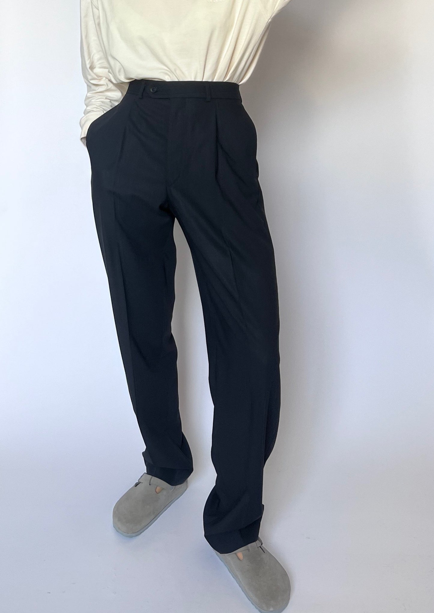 Navy Pleated Wool Trousers M W'31"