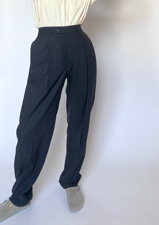 Navy Pleated Wool Trousers M W'31"