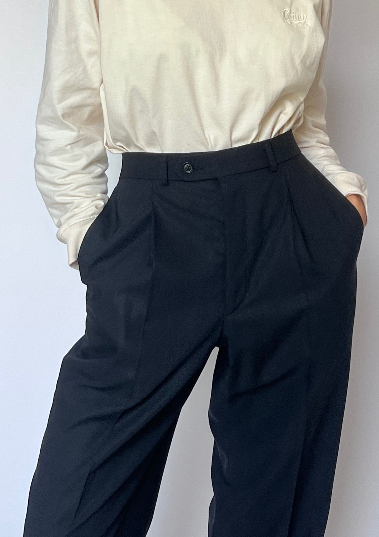 Navy Pleated Wool Trousers M W'31"