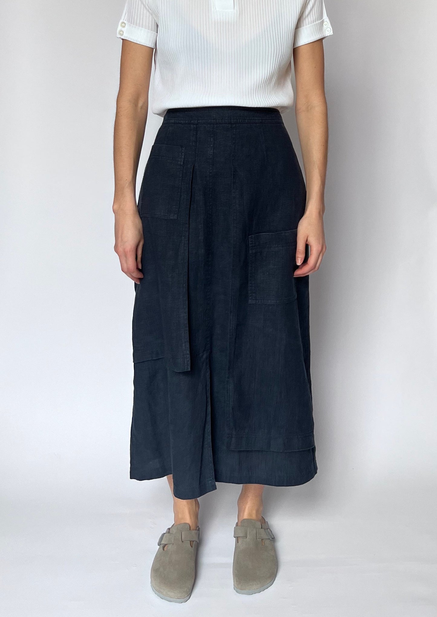 Navy Linen Apron Midi Skirt W'29" S/M