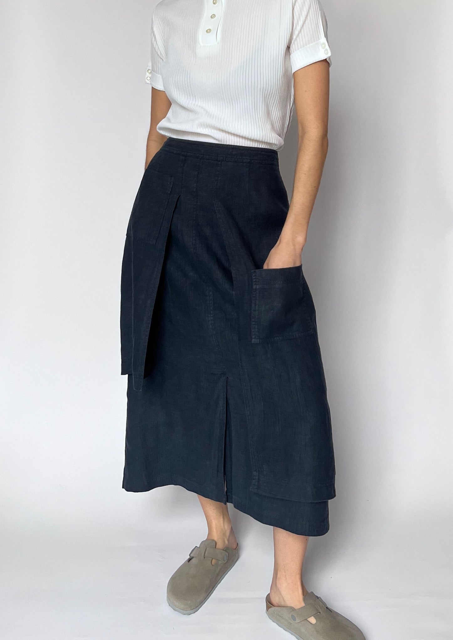 Navy Linen Apron Midi Skirt W'29" S/M