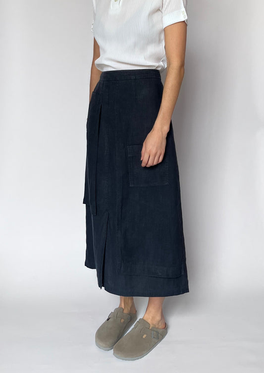 Navy Linen Apron Midi Skirt W'29" S/M