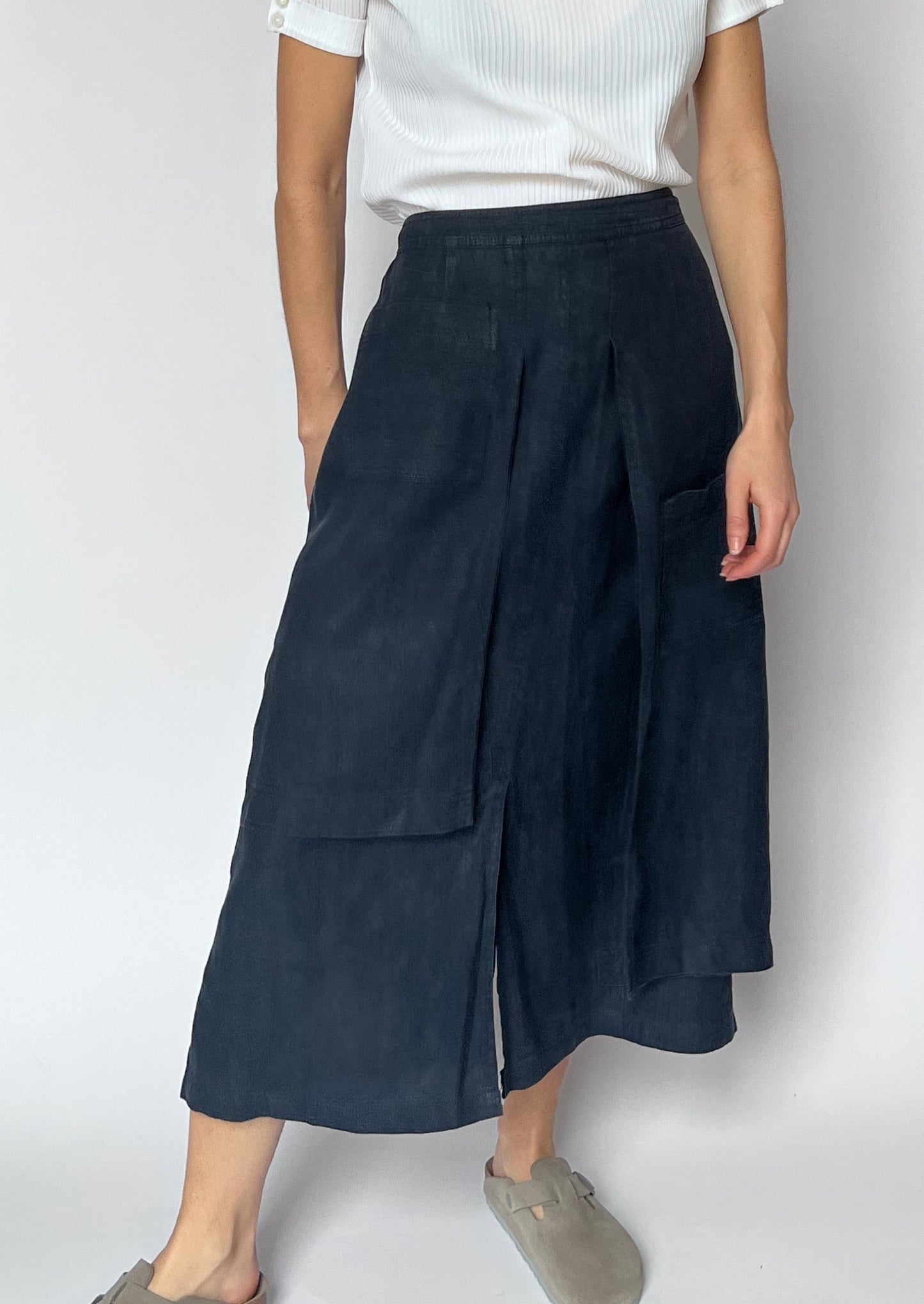 Navy Linen Apron Midi Skirt W'29" S/M