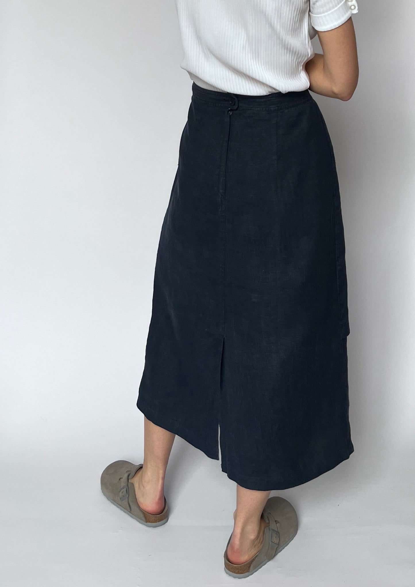 Navy Linen Apron Midi Skirt W'29" S/M