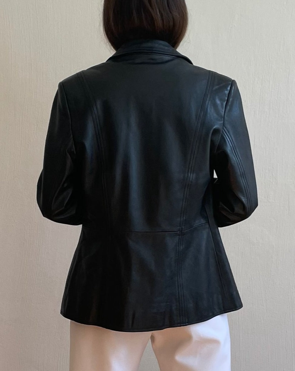 Vintage Straight Black Leather Minimal Jacket Size XS-S