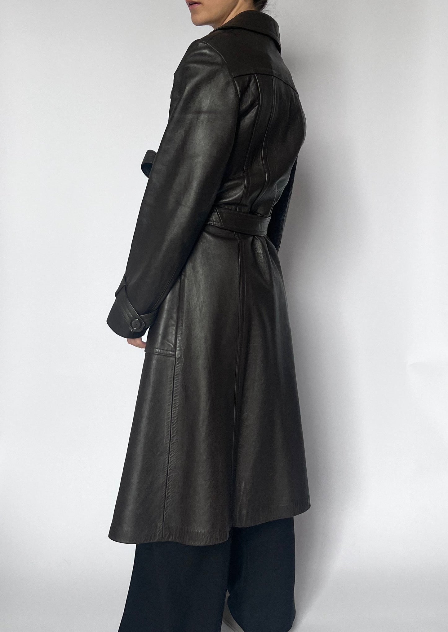 Vintage Brown Leather Maxi Trench Coat S/M