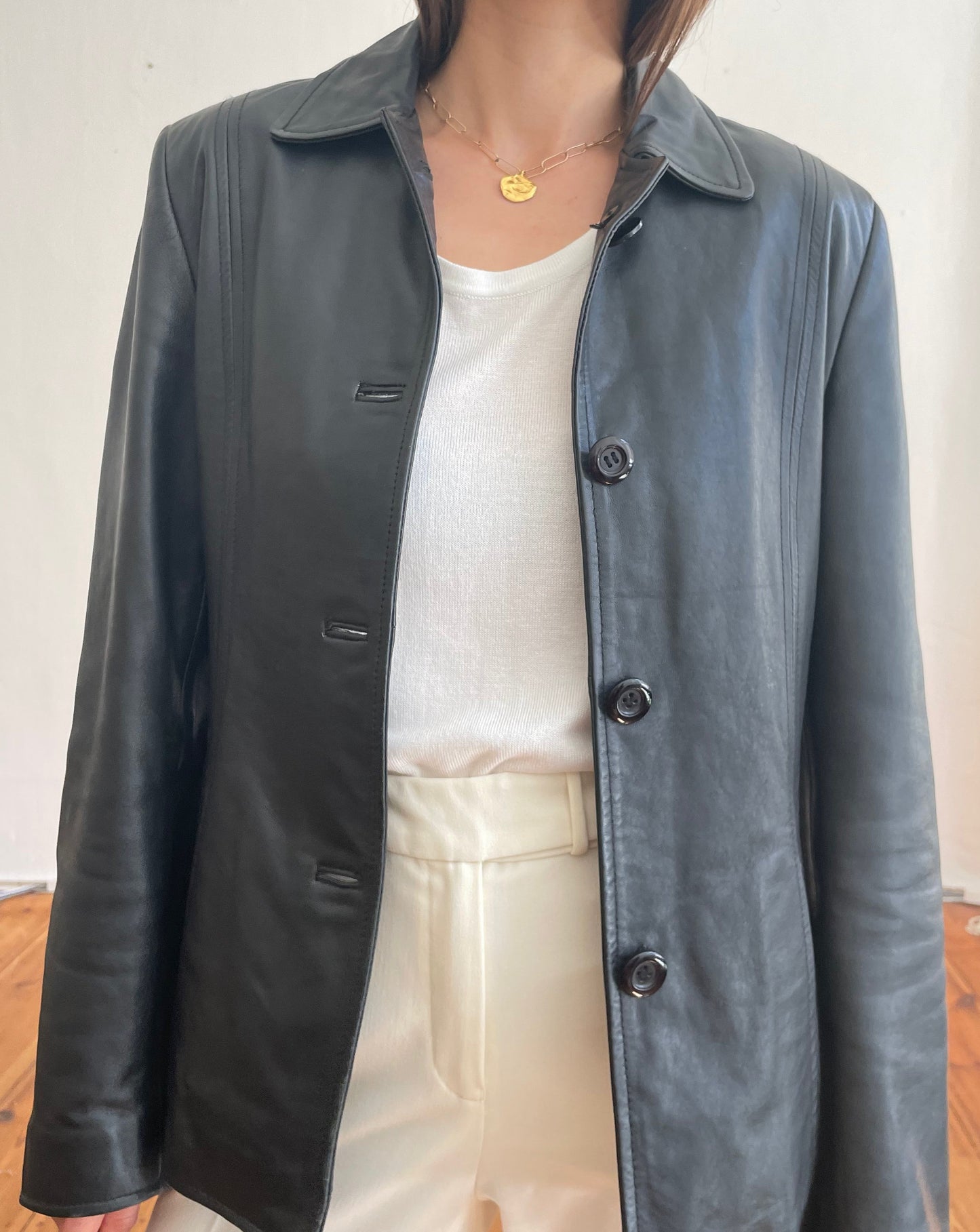 Vintage Straight Black Leather Minimal Jacket Size XS-S