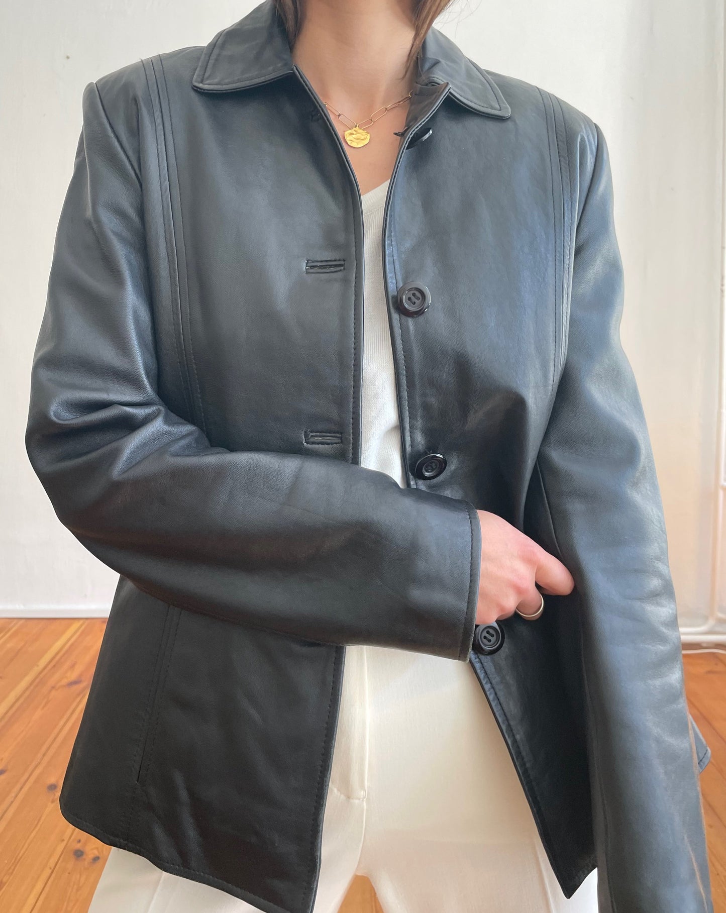 Vintage Straight Black Leather Minimal Jacket Size XS-S