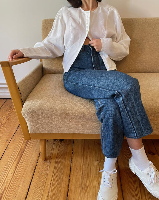 Vintage White Linen Button Detail Cropped 1970s Blouse Size 8-12