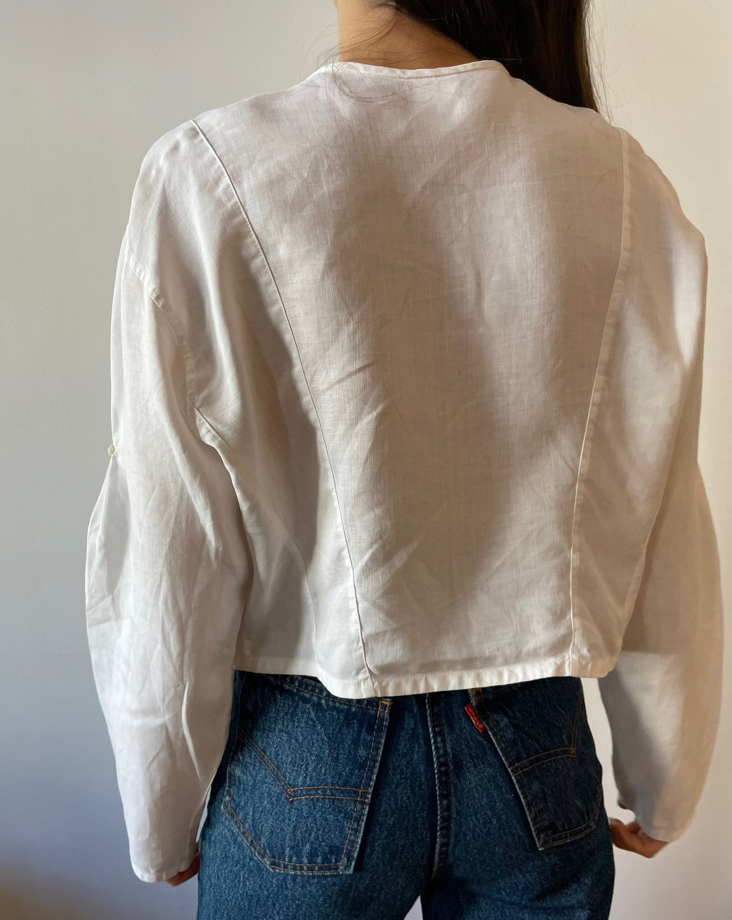 Vintage White Linen Button Detail Cropped 1970s Blouse Size 8-12