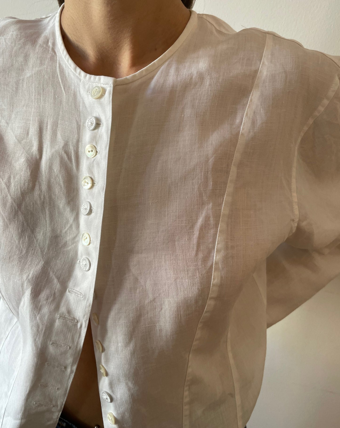 Vintage White Linen Button Detail Cropped 1970s Blouse Size 8-12