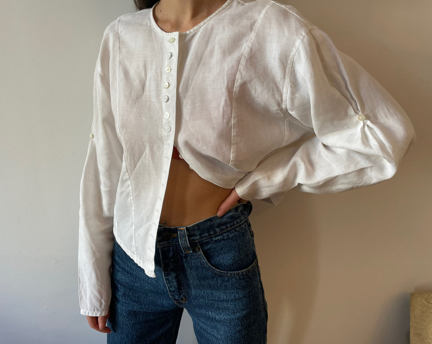 Vintage White Linen Button Detail Cropped 1970s Blouse Size 8-12