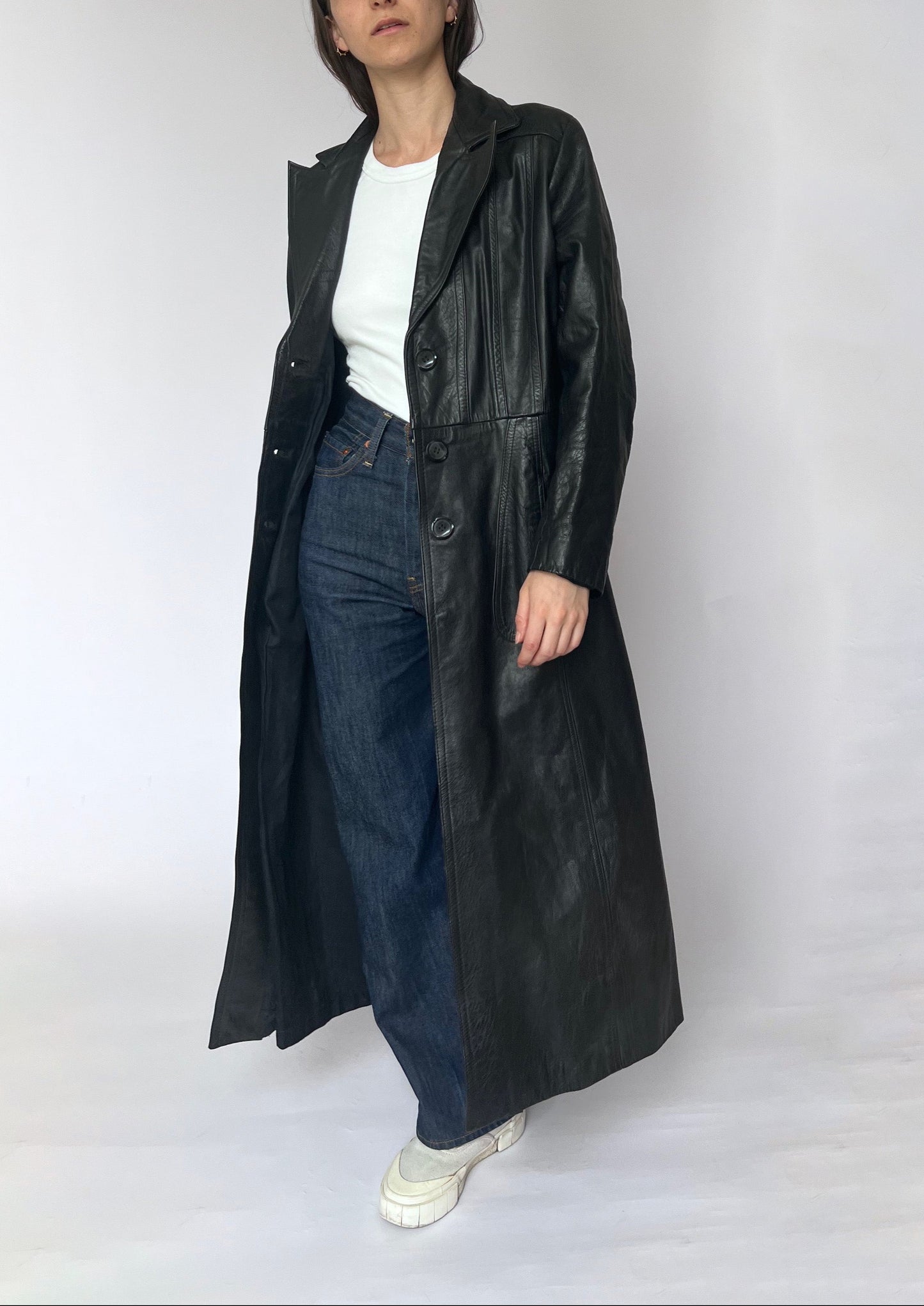 Vintage Black Leather Maxi Trench Coat S/M