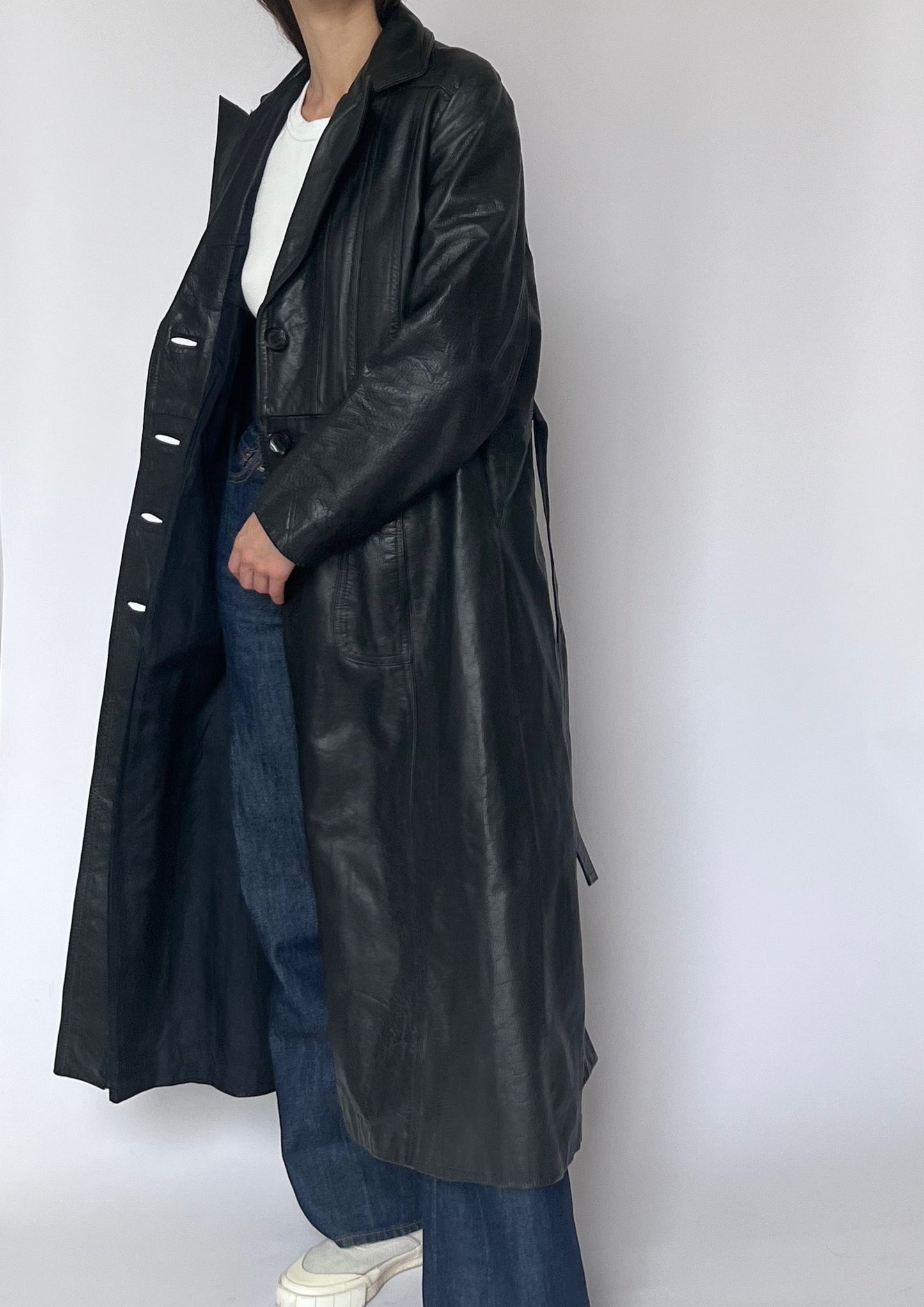 Vintage Black Leather Maxi Trench Coat S/M