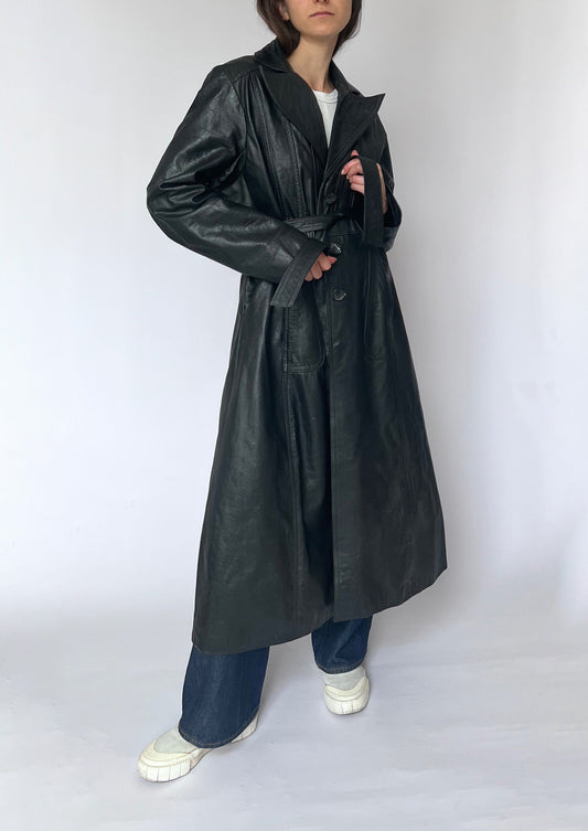 Vintage Black Leather Maxi Trench Coat S/M