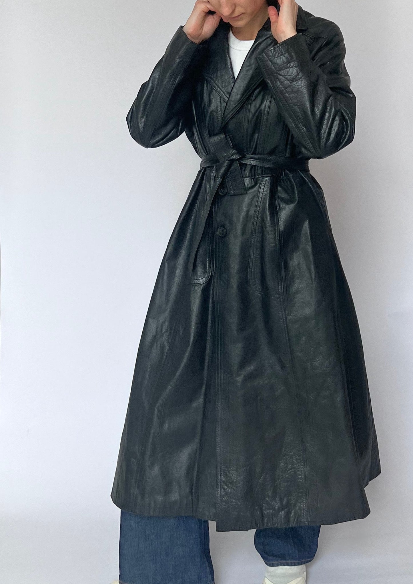 Vintage Black Leather Maxi Trench Coat S/M