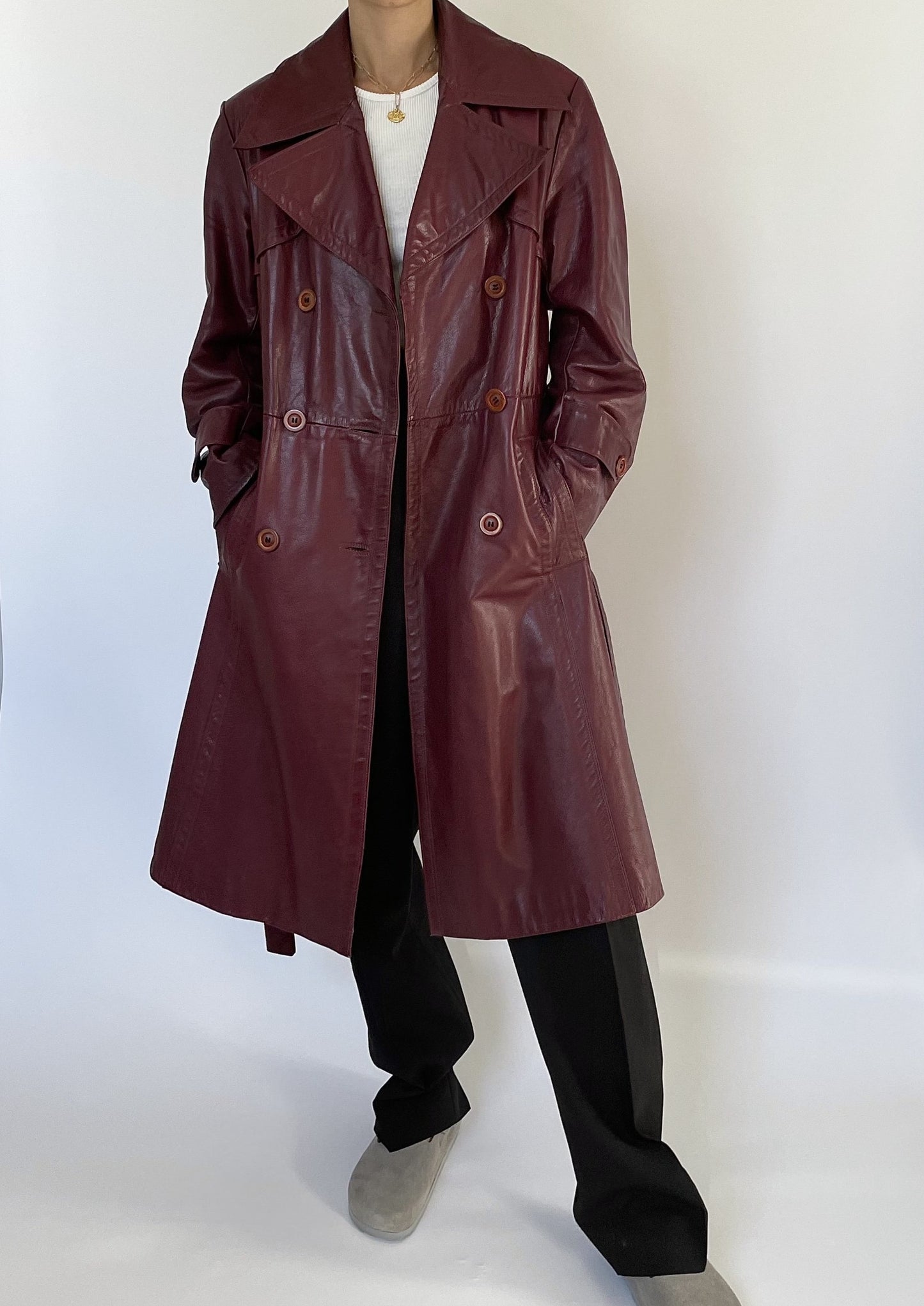 1970s Burgundy Leather Trench Coat S/M