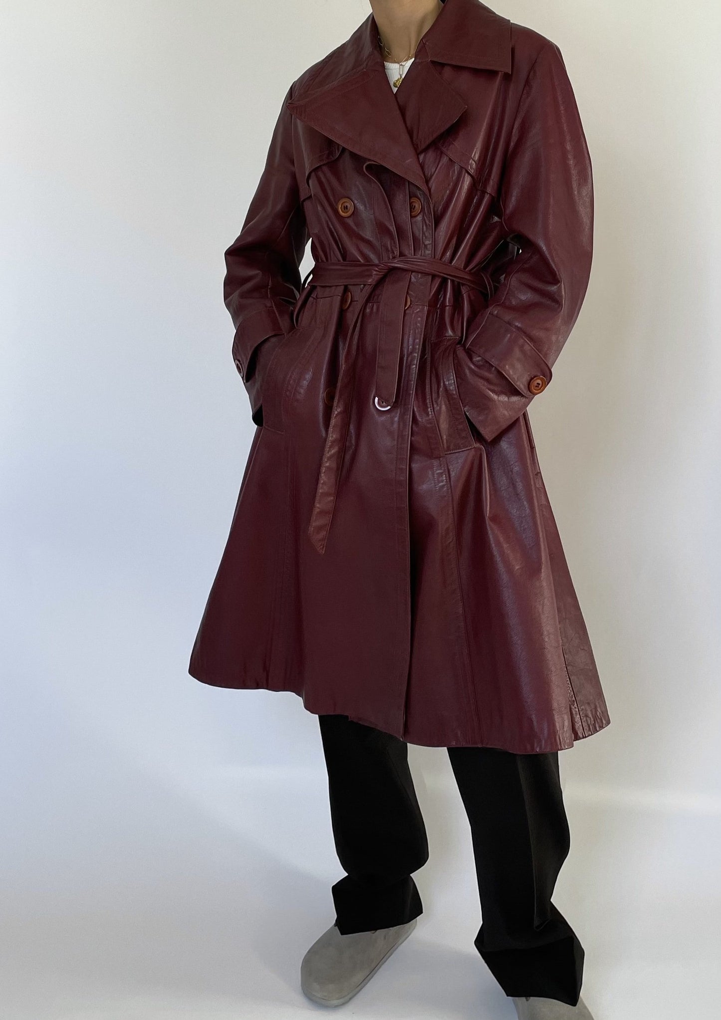 1970s Burgundy Leather Trench Coat S/M