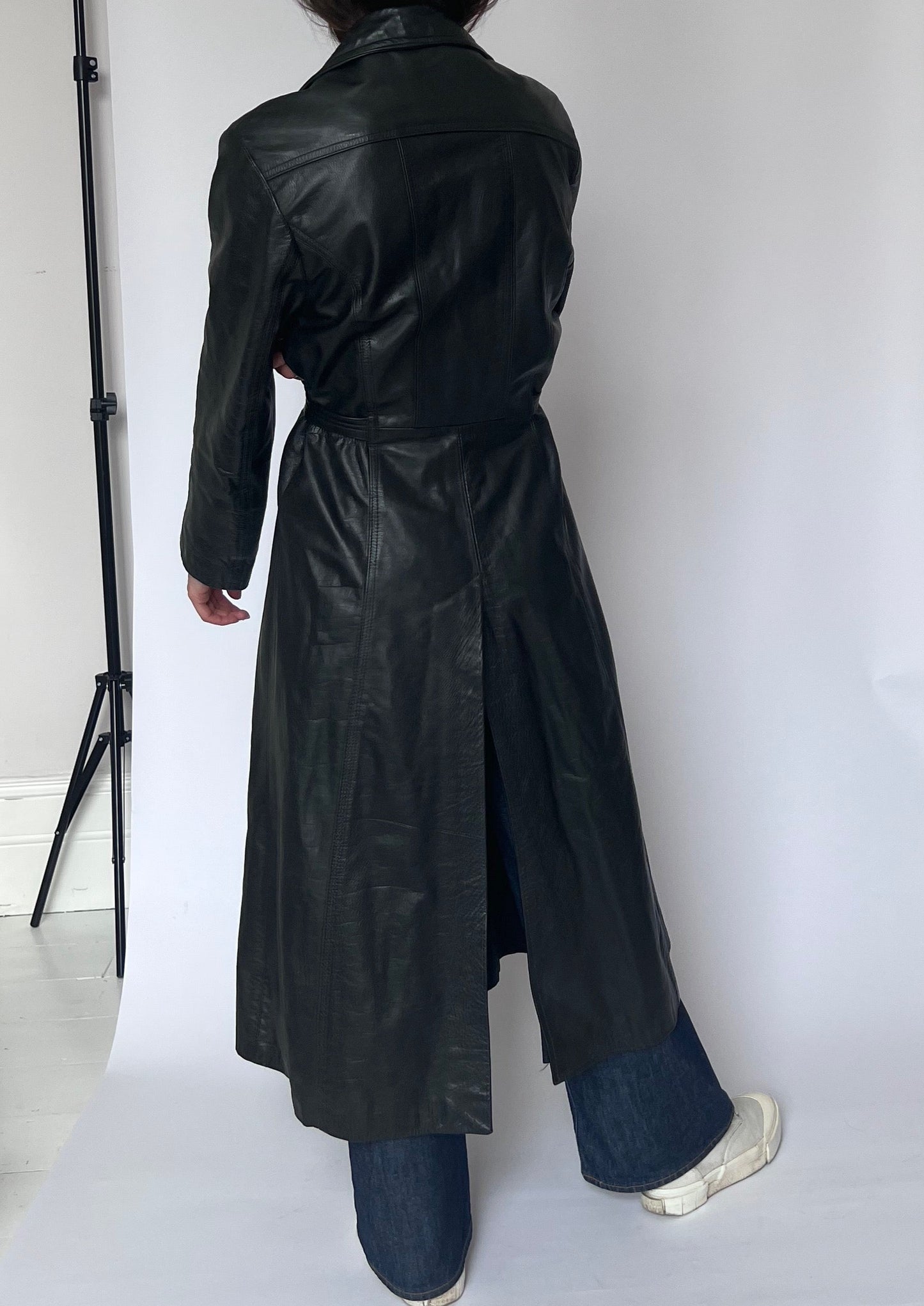 Vintage Black Leather Maxi Trench Coat S/M