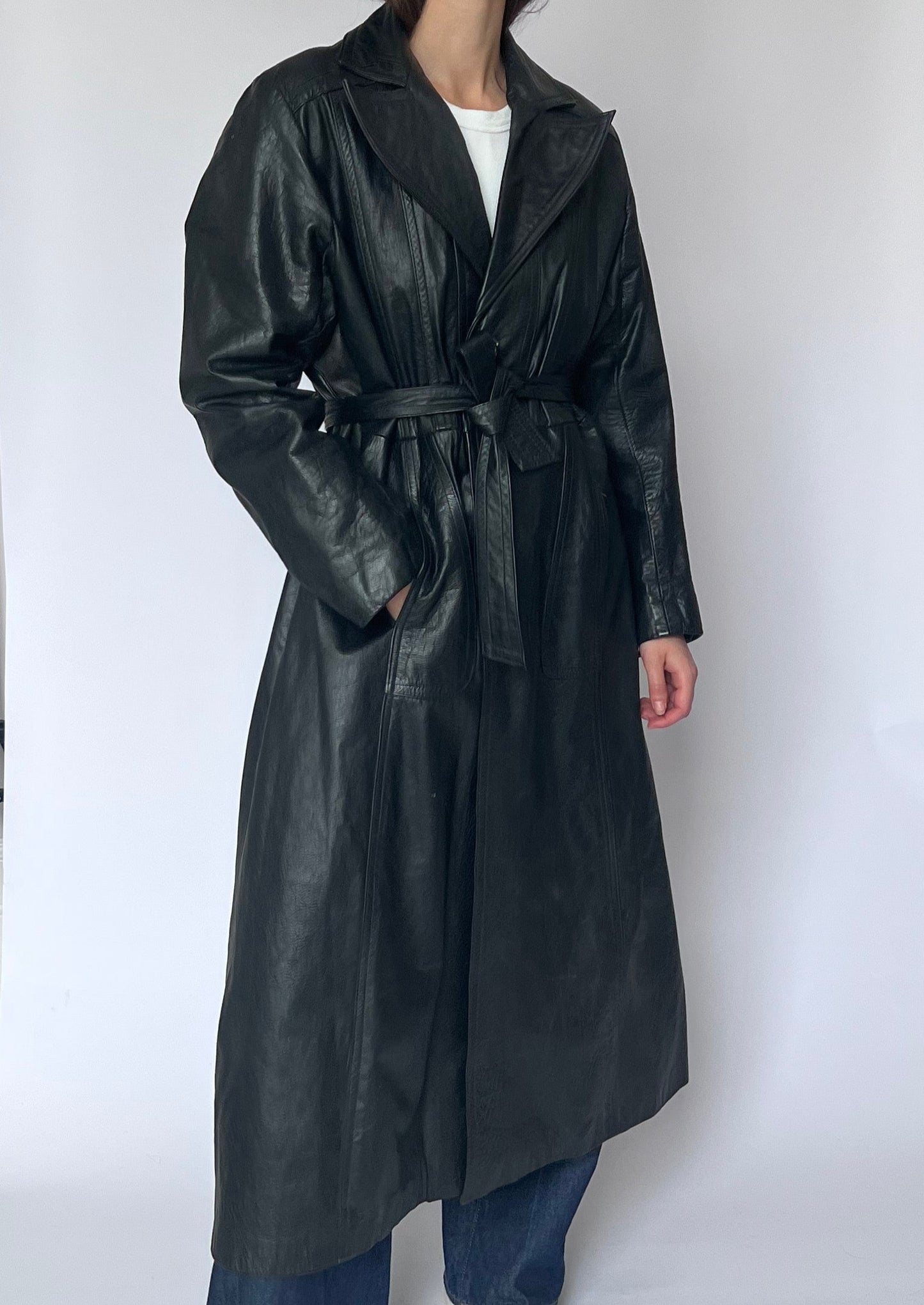 Vintage Black Leather Maxi Trench Coat S/M