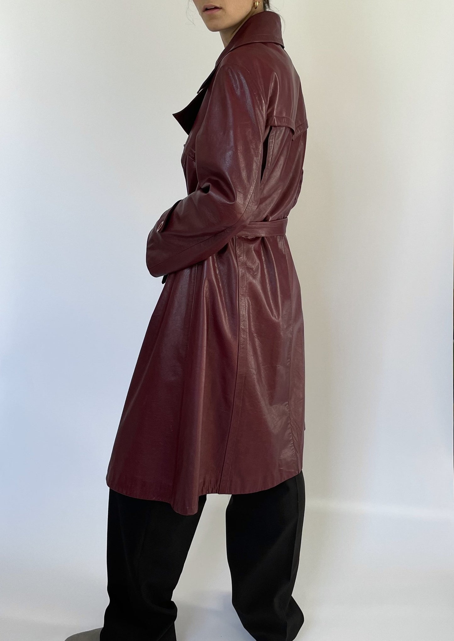 1970s Burgundy Leather Trench Coat S/M