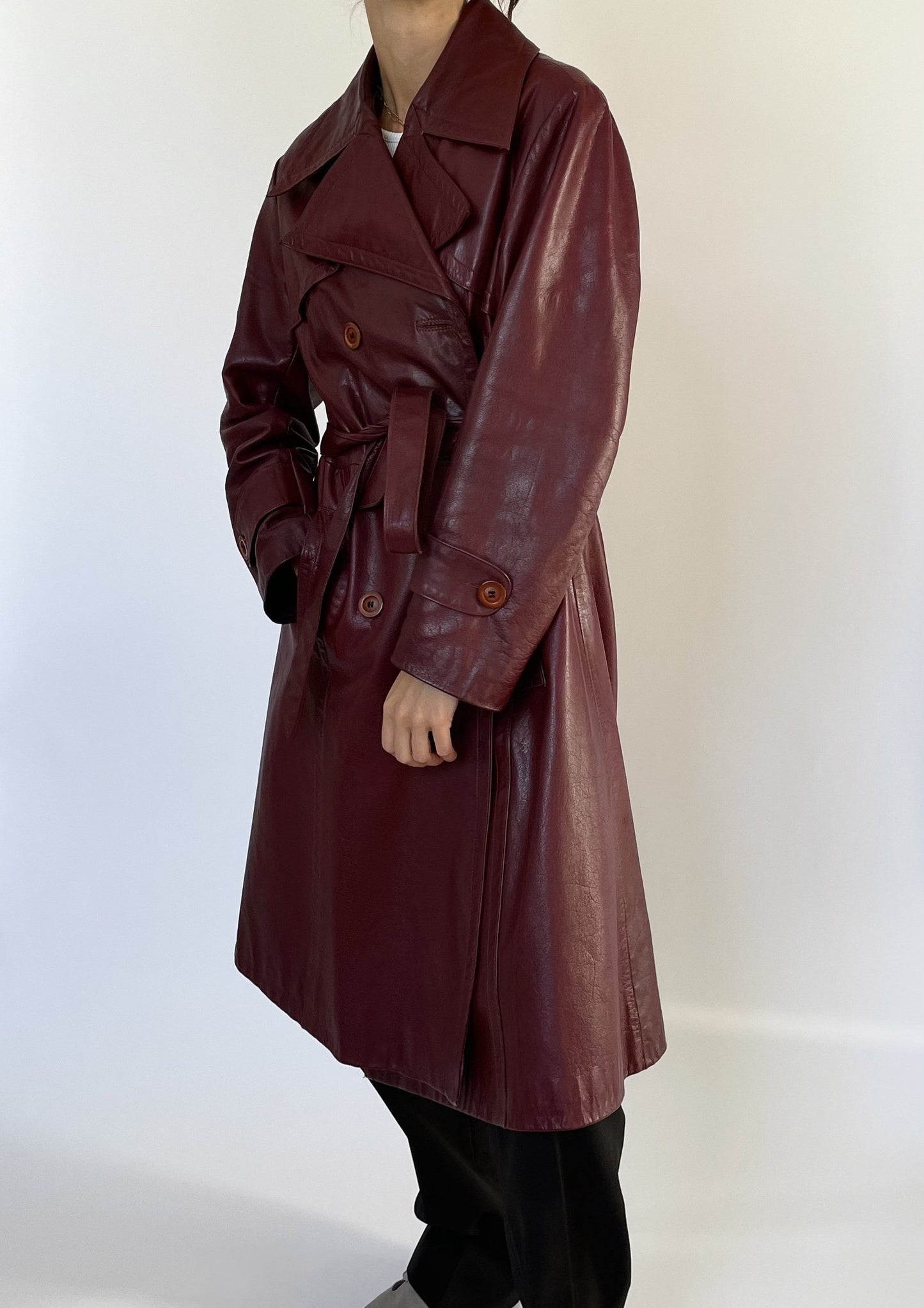 1970s Burgundy Leather Trench Coat S/M