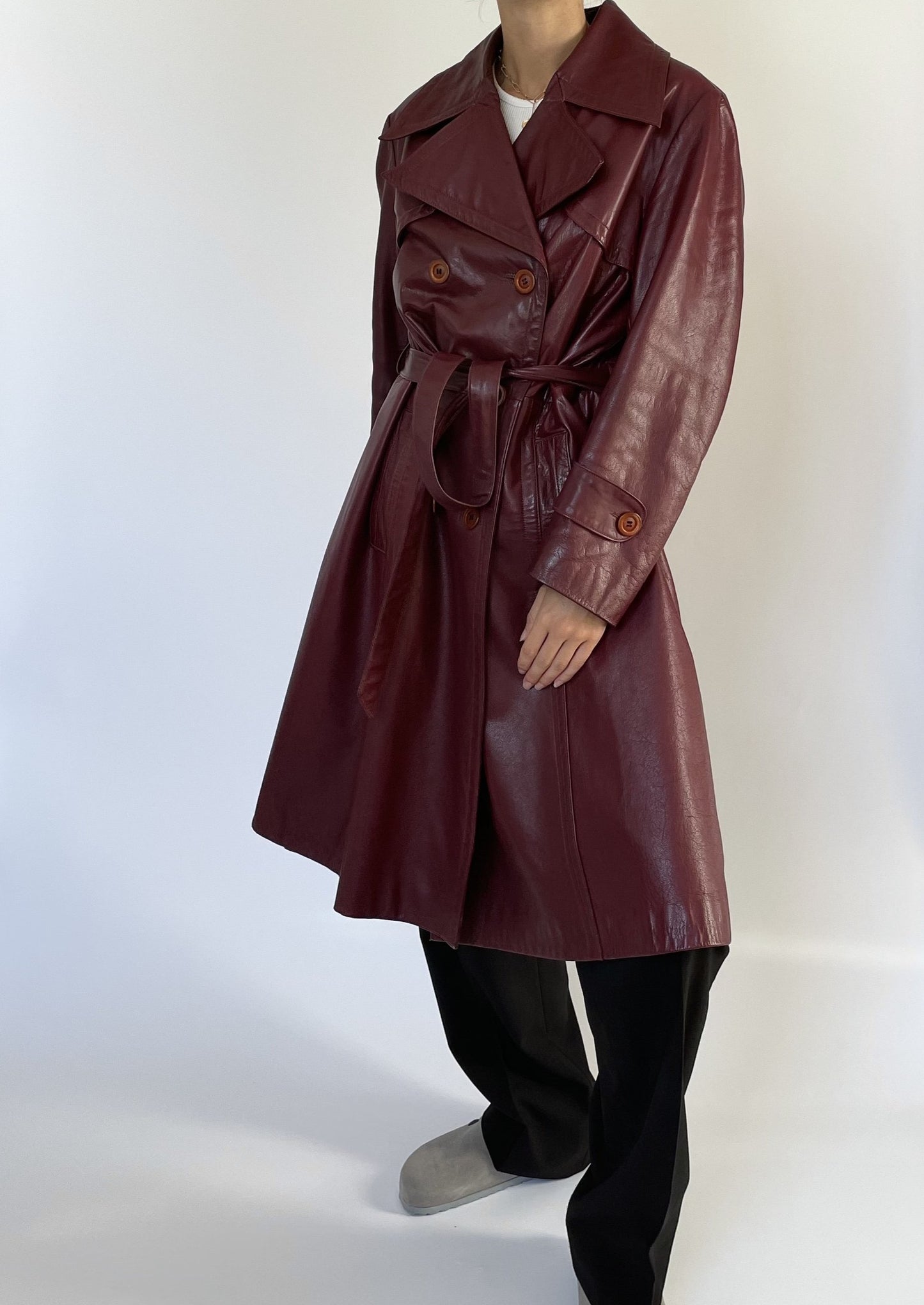 1970s Burgundy Leather Trench Coat S/M