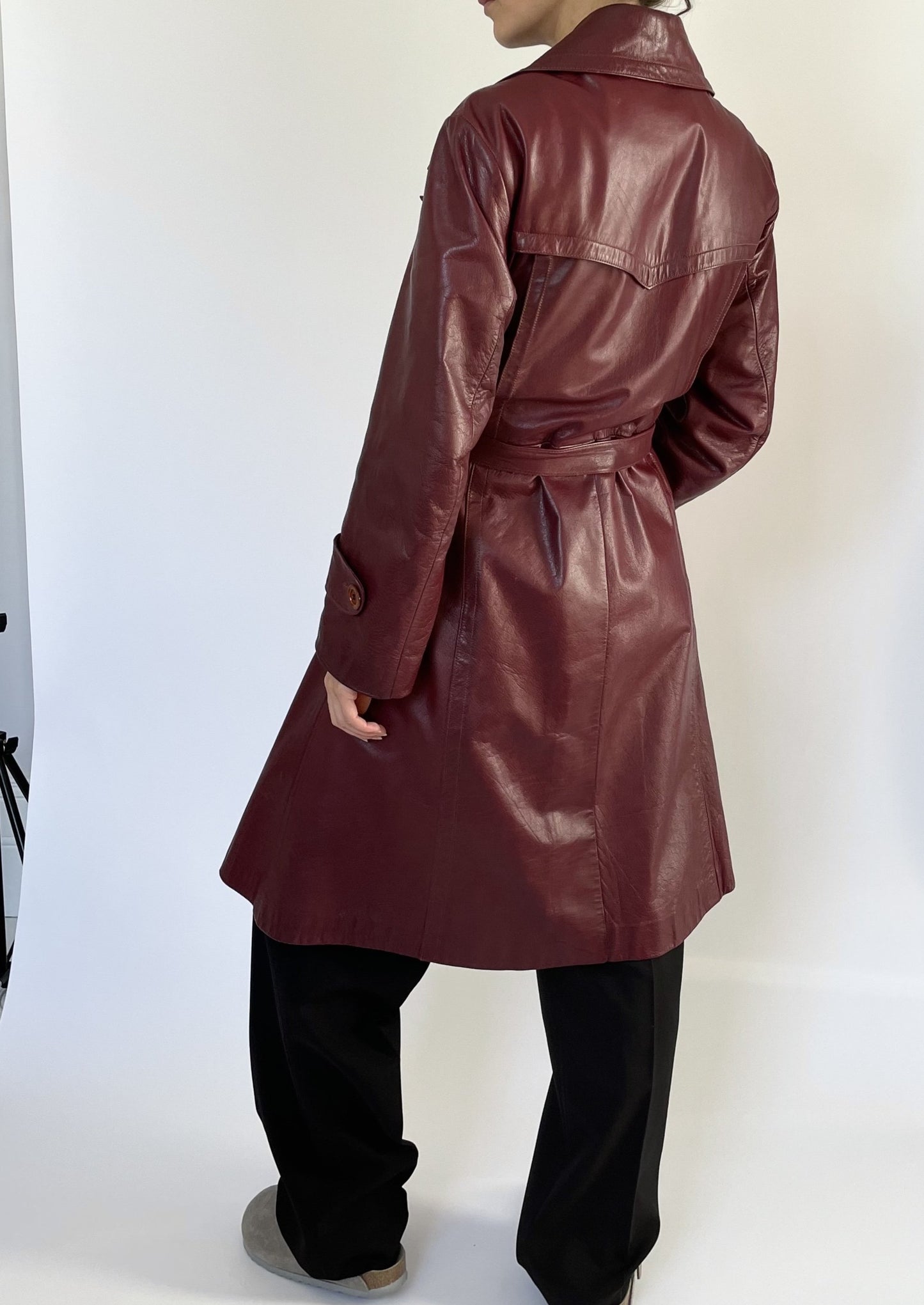 1970s Burgundy Leather Trench Coat S/M