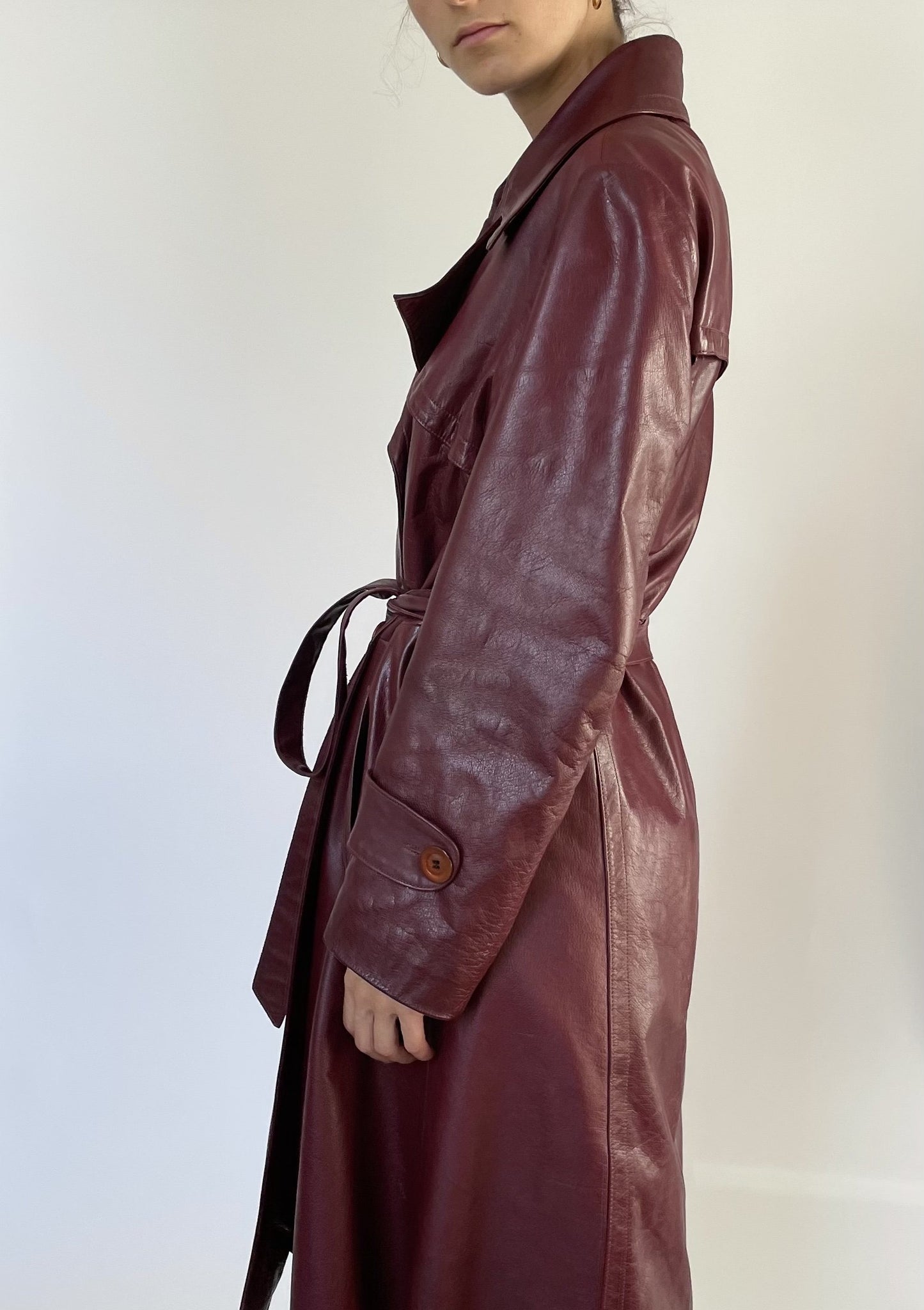 1970s Burgundy Leather Trench Coat S/M