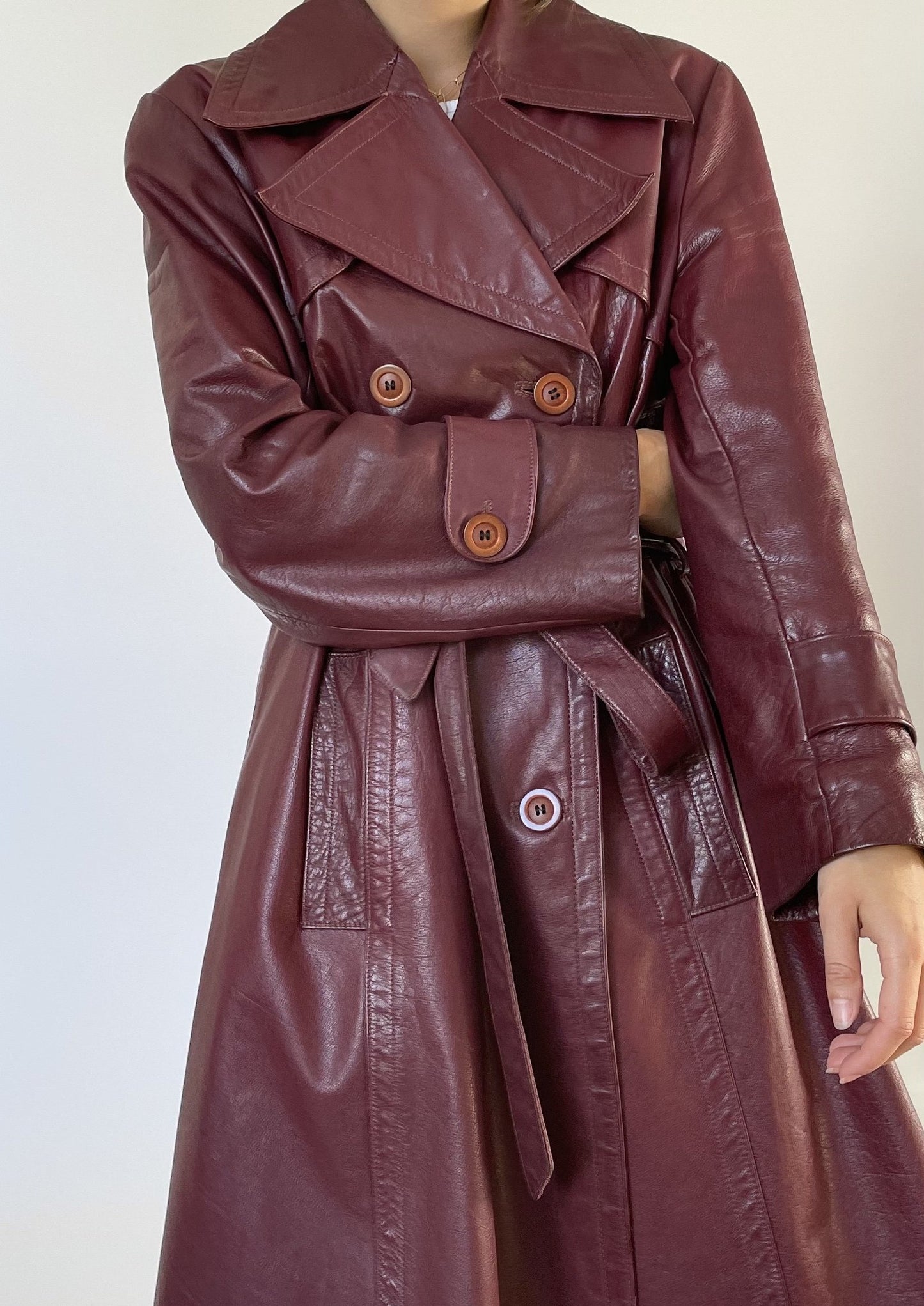 1970s Burgundy Leather Trench Coat S/M