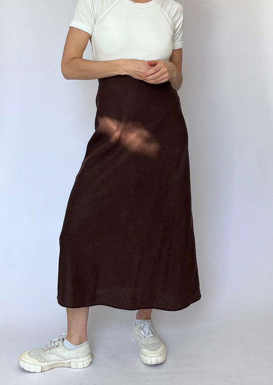 90s Brown Linen Midi Skirt 30" UK 12 S/M