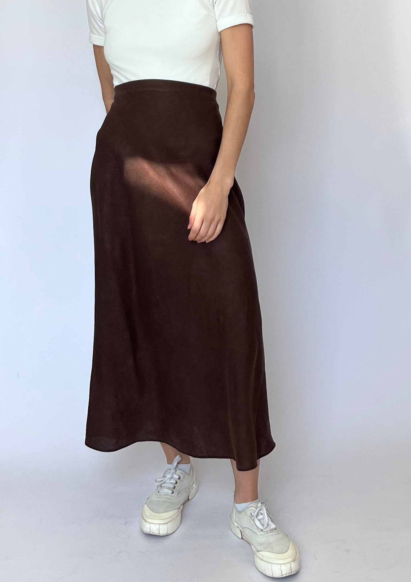 90s Brown Linen Midi Skirt 30" UK 12 S/M