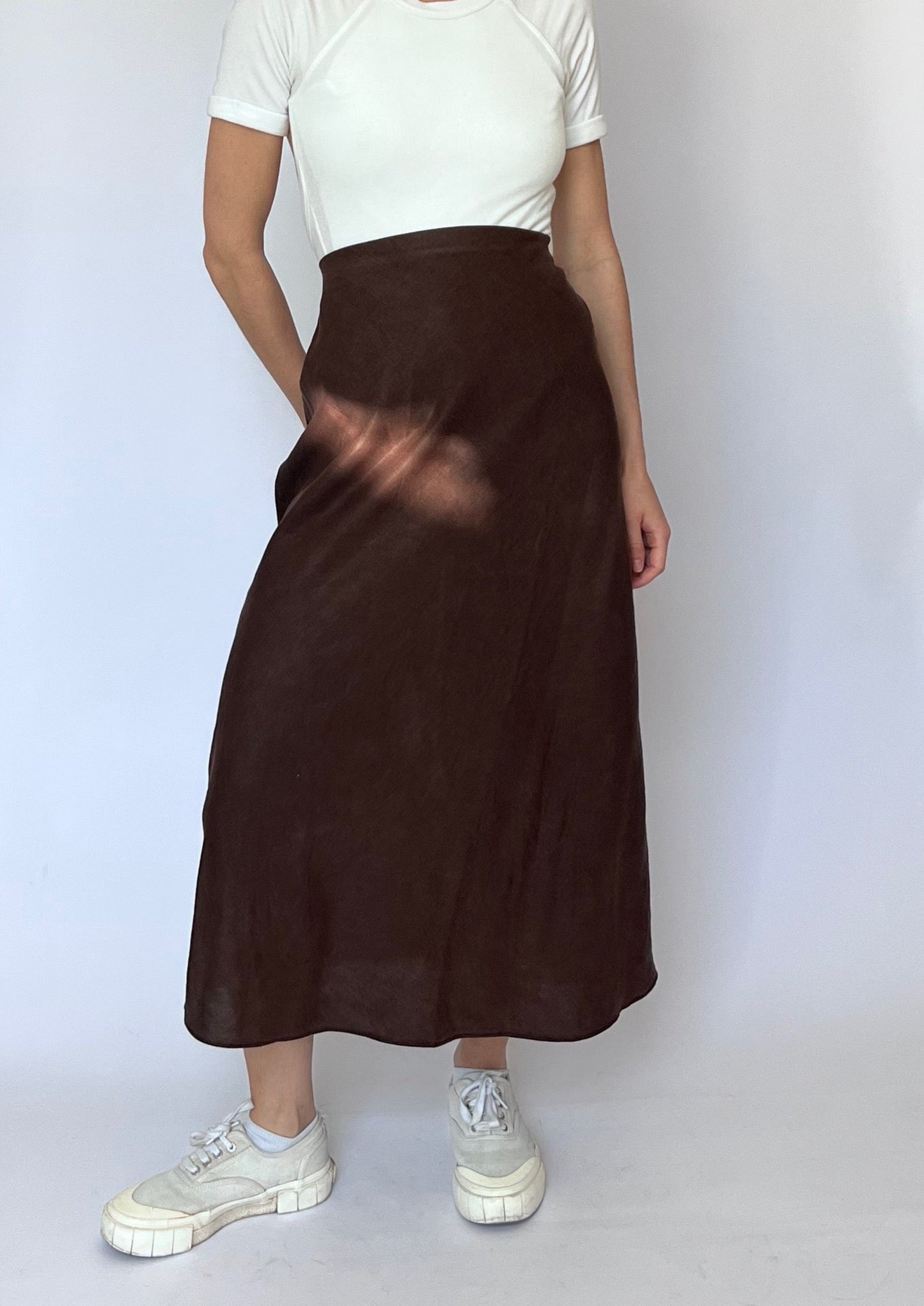 90s Brown Linen Midi Skirt 30" UK 12 S/M