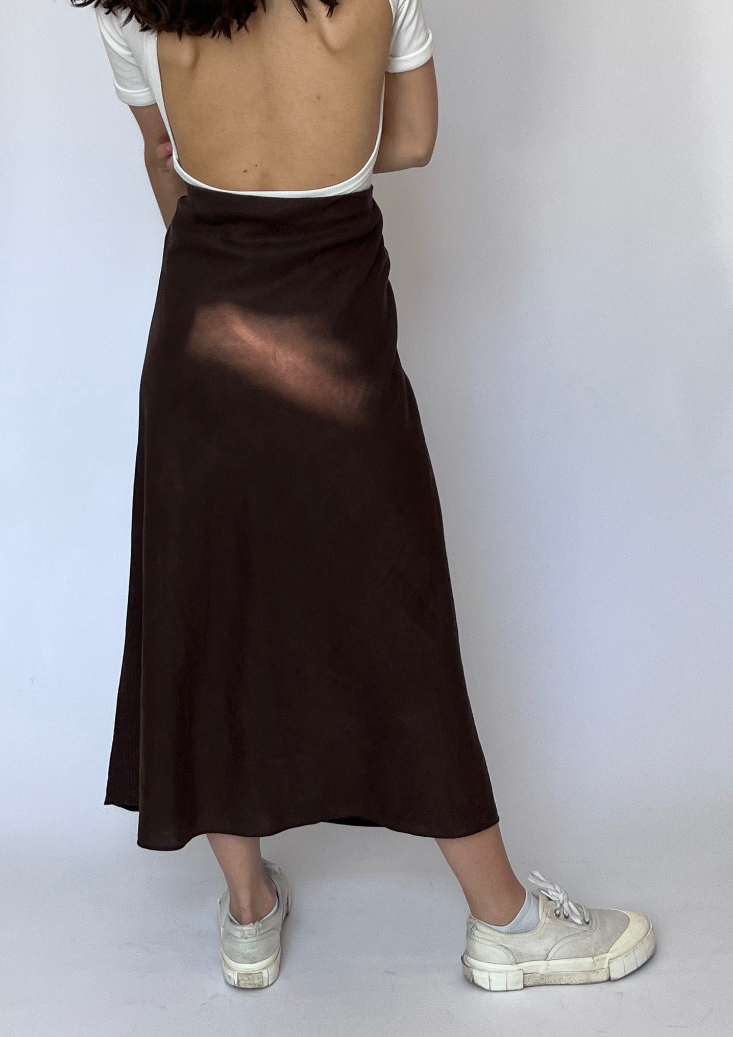 90s Brown Linen Midi Skirt 30