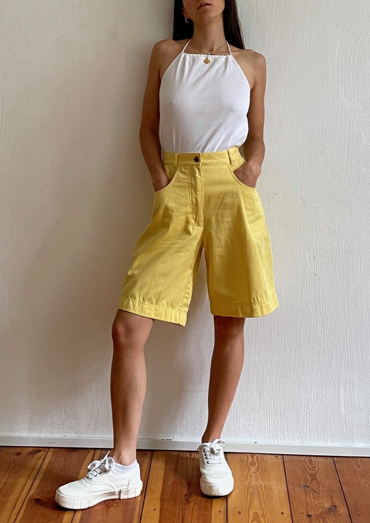 Vintage Yellow Bermuda Denim Shorts Size S Waist 26.5"