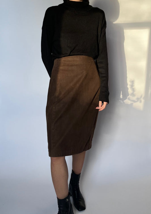 90s Brown Leather Midi Skirt W'28" UK10